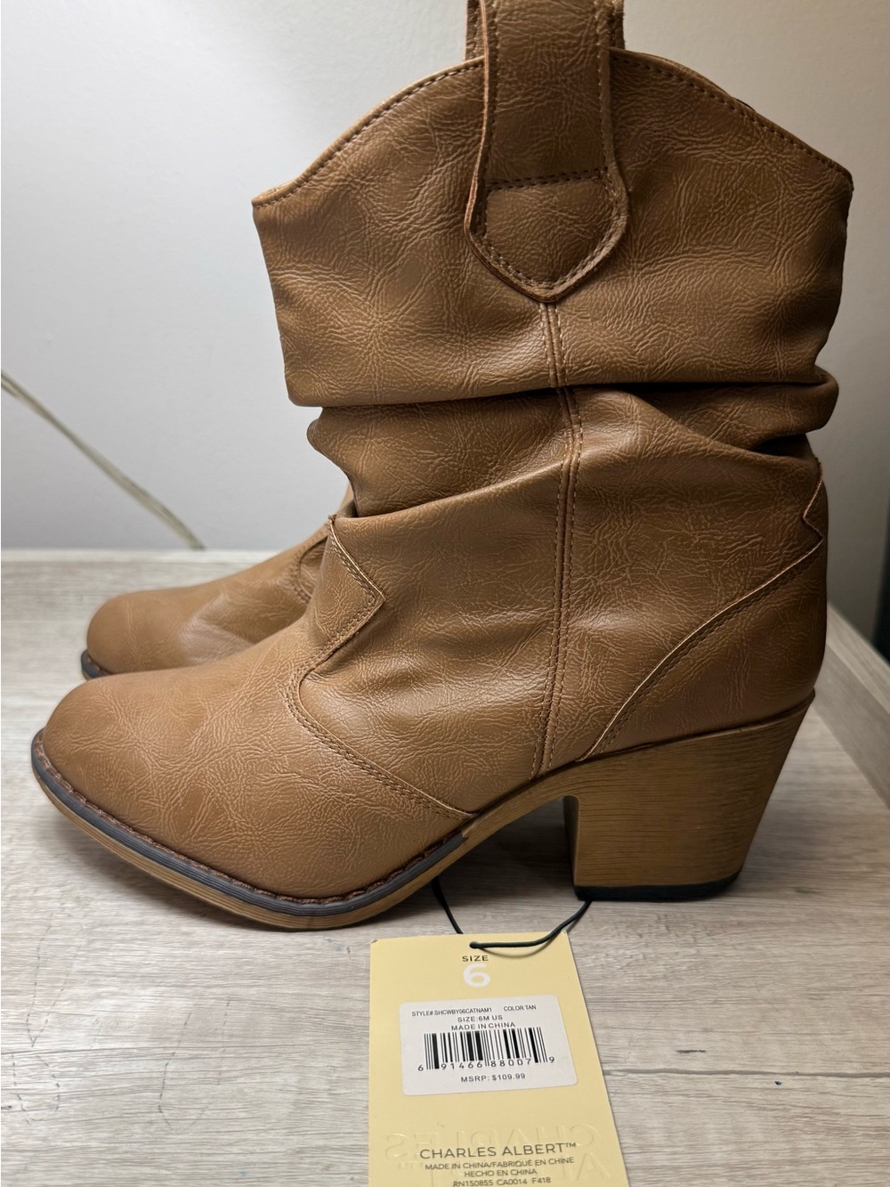 Charles Albert Cognac Slouchy Western Mid Heel Boots